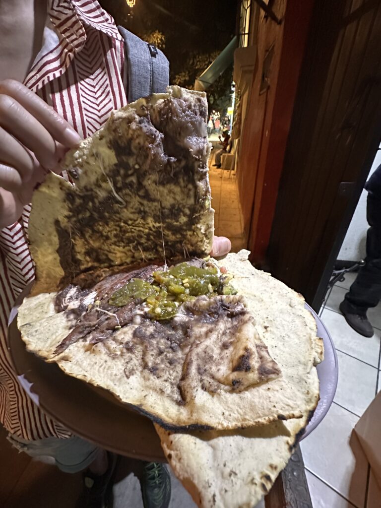 A close-up of the crispy, delicious tlayudas from Las Tlayudas de Mina y Bustamante, filled with layers of traditional Oaxacan flavours.