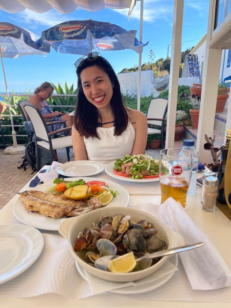 Fresh seafood lunch with ocean views near the Benagil Caves, Algarve, Portugal