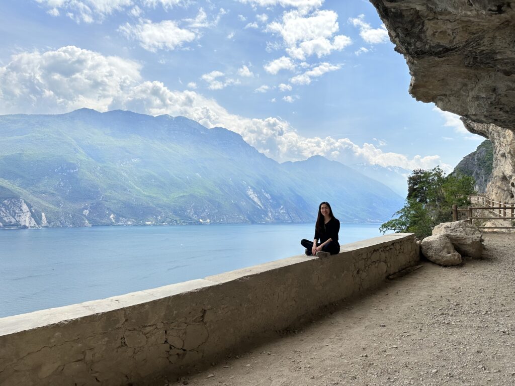 Scenic hiking path carved into the cliffs on the Ponale Trail near Riva del Garda