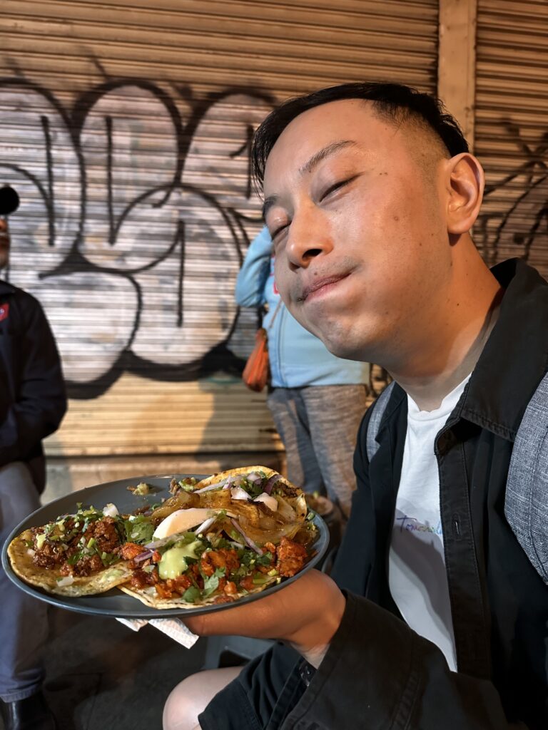 Late-night tacos at Taqueria Chaguita’s in Oaxaca, savoring delicious, authentic Mexican street food in a cozy atmosphere.
