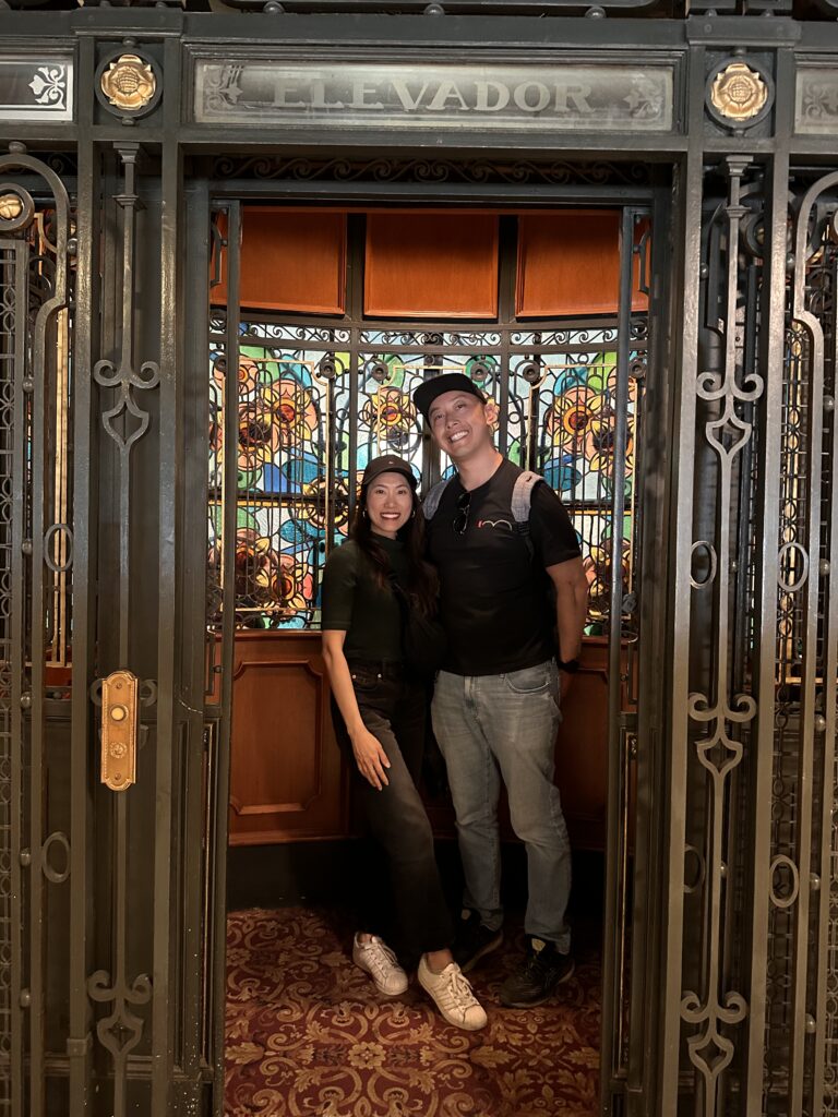 The antique elevator, said to be one of the first elevators in Mexico, inside Gran Hotel Mexico City