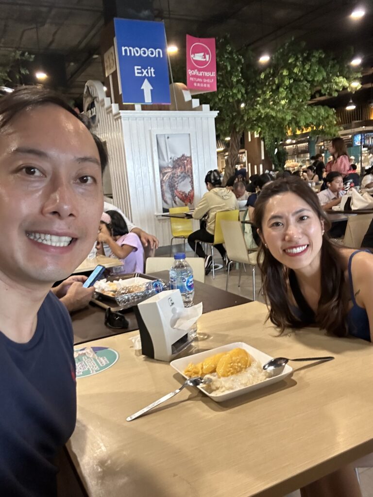 Fresh mango sticky rice, a sweet Thai dessert, served with coconut milk in Bangkok. One of the top things to do in Bangkok!