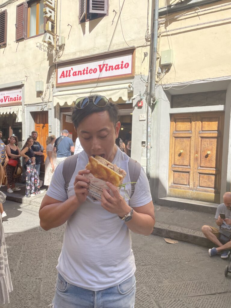 Freshly made Tuscan sandwiches stacked with meats and cheeses at All’Antico Vinaio