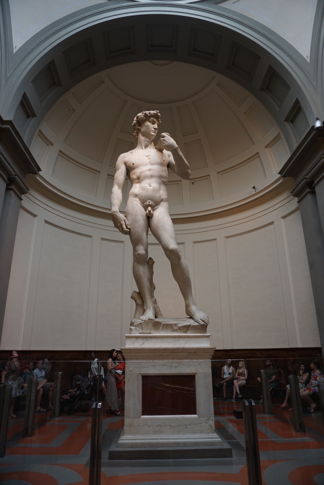 Front view of Michelangelo’s David statue at the Galleria dell’Accademia in Florence