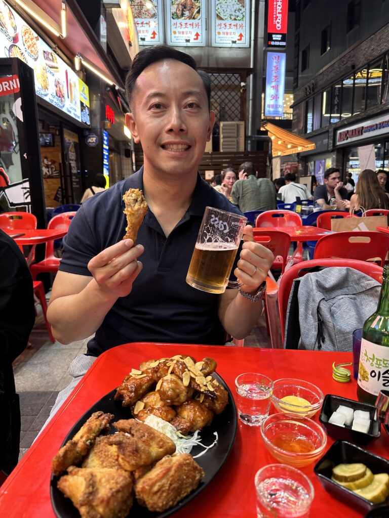 Golden fried chicken served with beer at a Seoul restaurant.