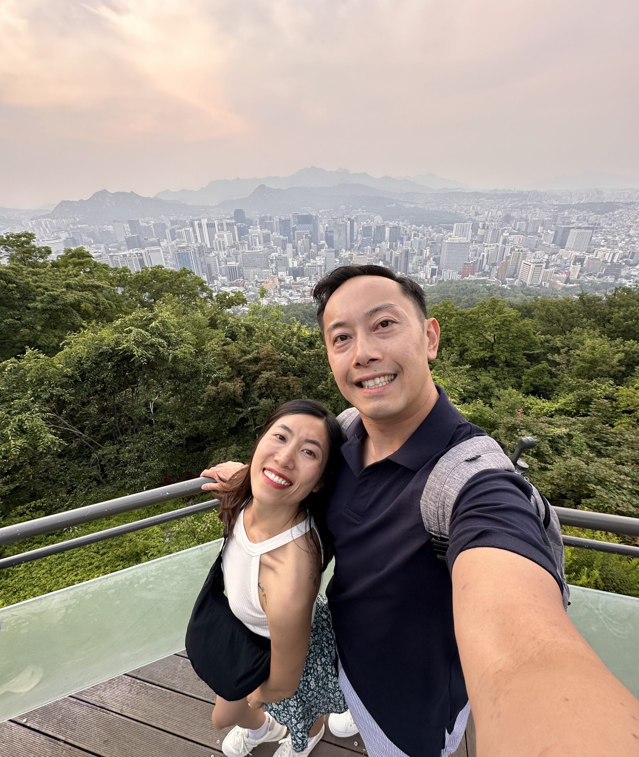Panoramic view of Seoul skyline from Namsan Mountain with N Seoul Tower and modern skyscrapers at sunset