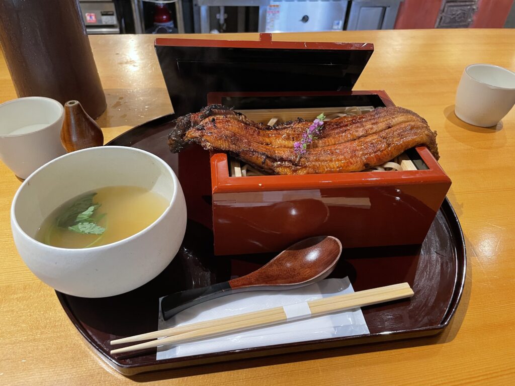 Grilled unagi (eel) atop handmade noodles at Gion Kanaya Kyoto