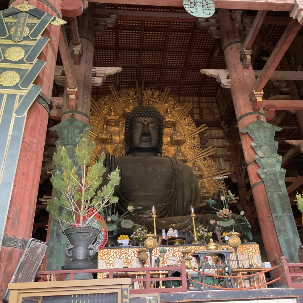 Close-up of the bronze Daibutsu statue at Tōdai-ji Temple, symbolizing peace and enlightenment