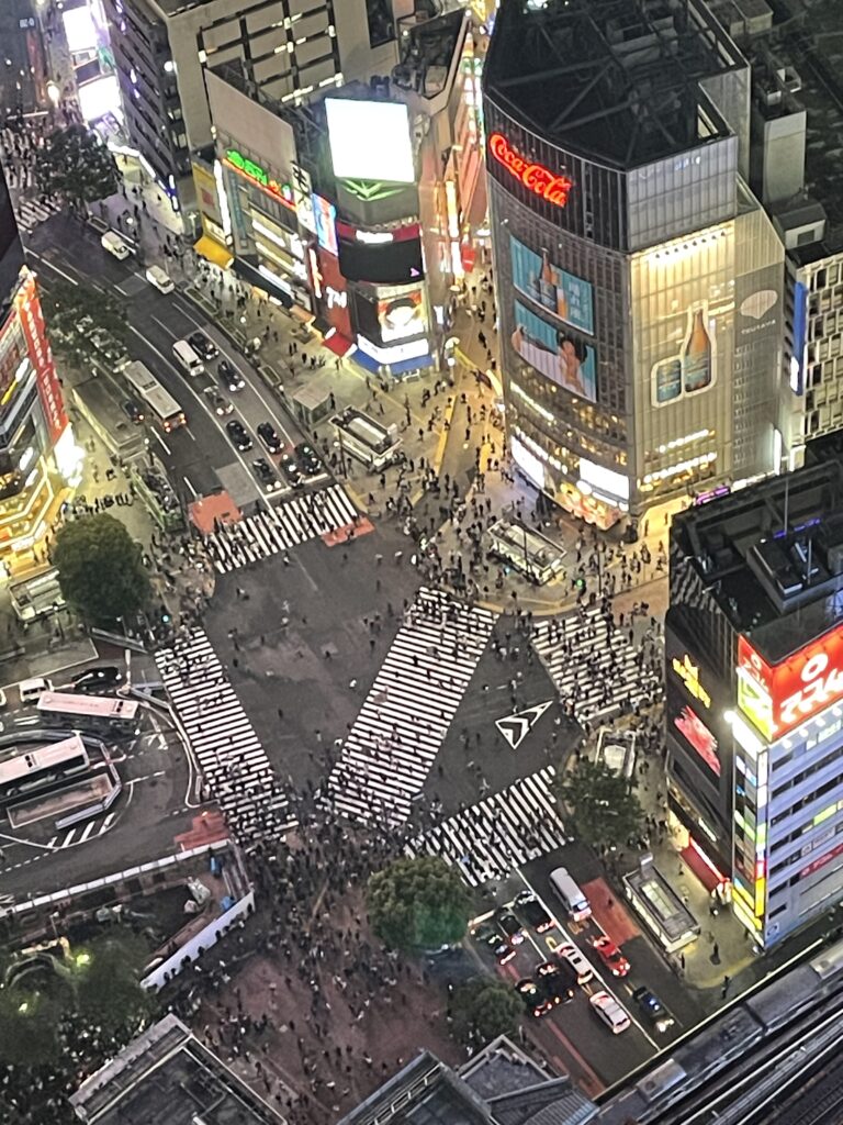 View of Shibuya Crossing from Shibuya Sky observation deck in Tokyo Japan
