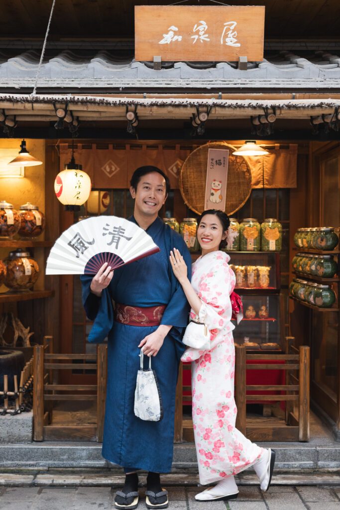 Tourists wearing vibrant kimonos during a professional photoshoot in Tokyo’s historic Asakusa district