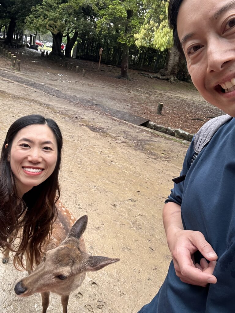 Iconic deer interaction in front of Todai-ji Temple in Nara