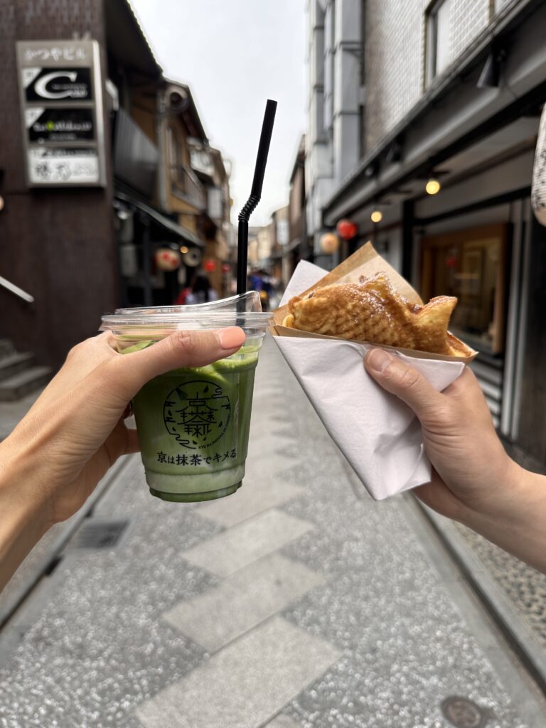 Taiyaki and matcha latte from Kyo Ha in Kyoto, traditional Japanese fish-shaped pastry with green tea beverage