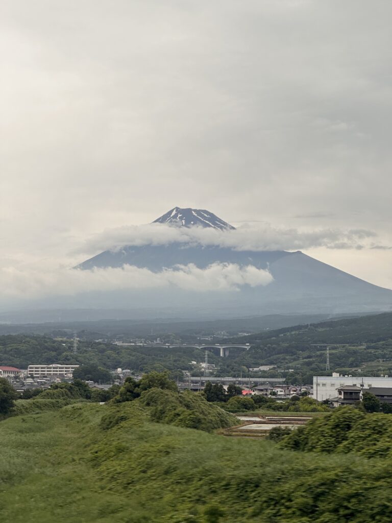 View of Mount Fuji from Shinkansen train window en route from Kyoto to Hakone