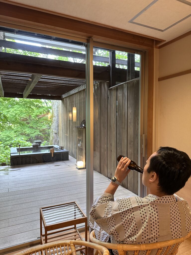 Looking out into the patio of private onsen in Hakone ryokan