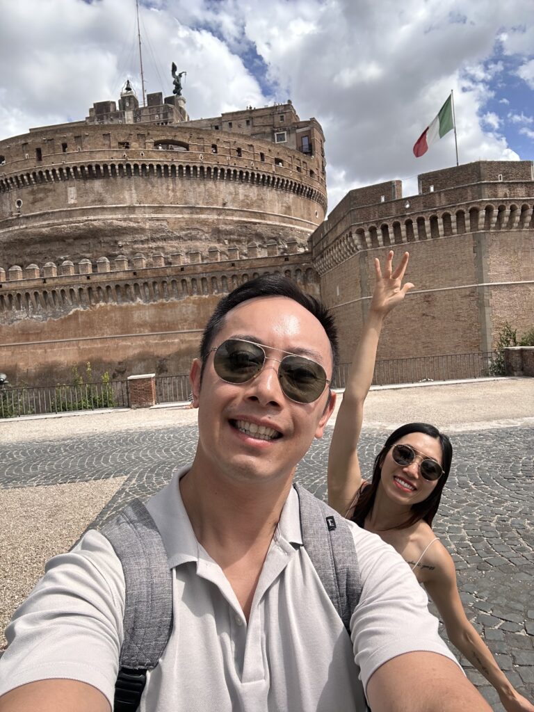 Exterior of Castel Sant’Angelo with its cylindrical fortress in Rome.