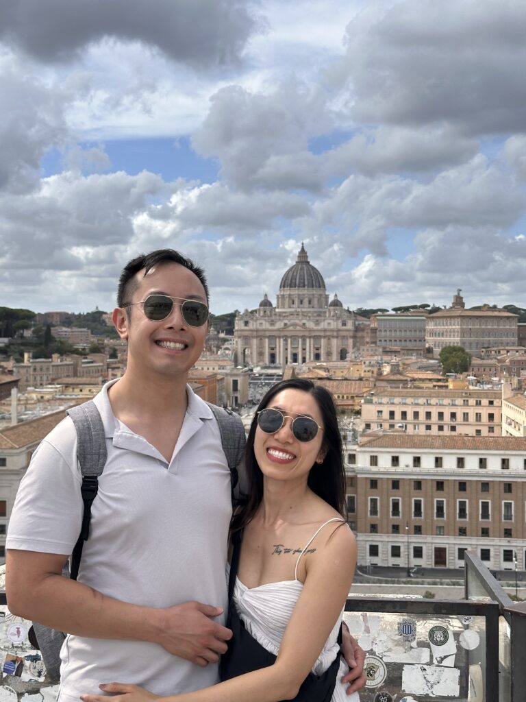 Panoramic view from inside Castel Sant’Angelo overlooking the Tiber River.
