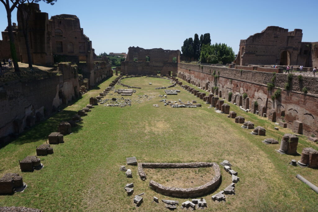 Palatine Hill archaeological site with ancient stone walls and pathways.