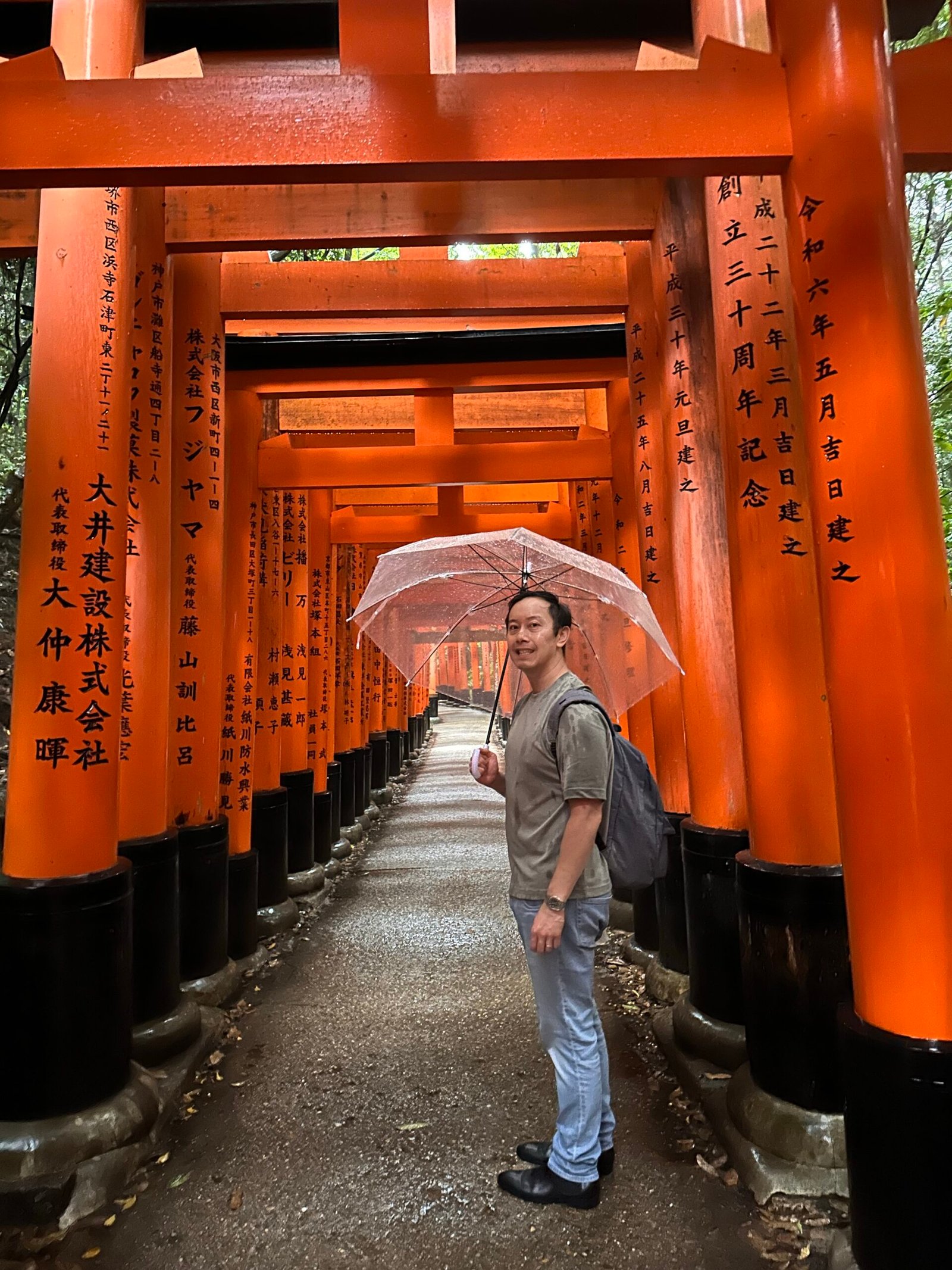 Tourists visiting Fushimi Inari Taisha, with thousands of tori gates on Mount Inari in Kyoto, Japan